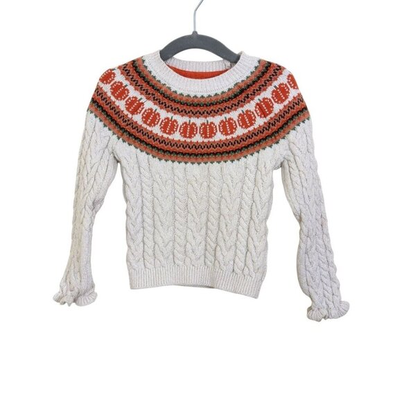 Cynthia Rowley Girls XS 4 Sweater Pumpkin Print Beige Cable Knit Sparkle Ruffle - Picture 1 of 5